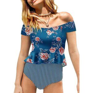 FERBIA Womens LARGE Blue Floral Off-the-Shoulder Peplum High Waist TANKINI NWT